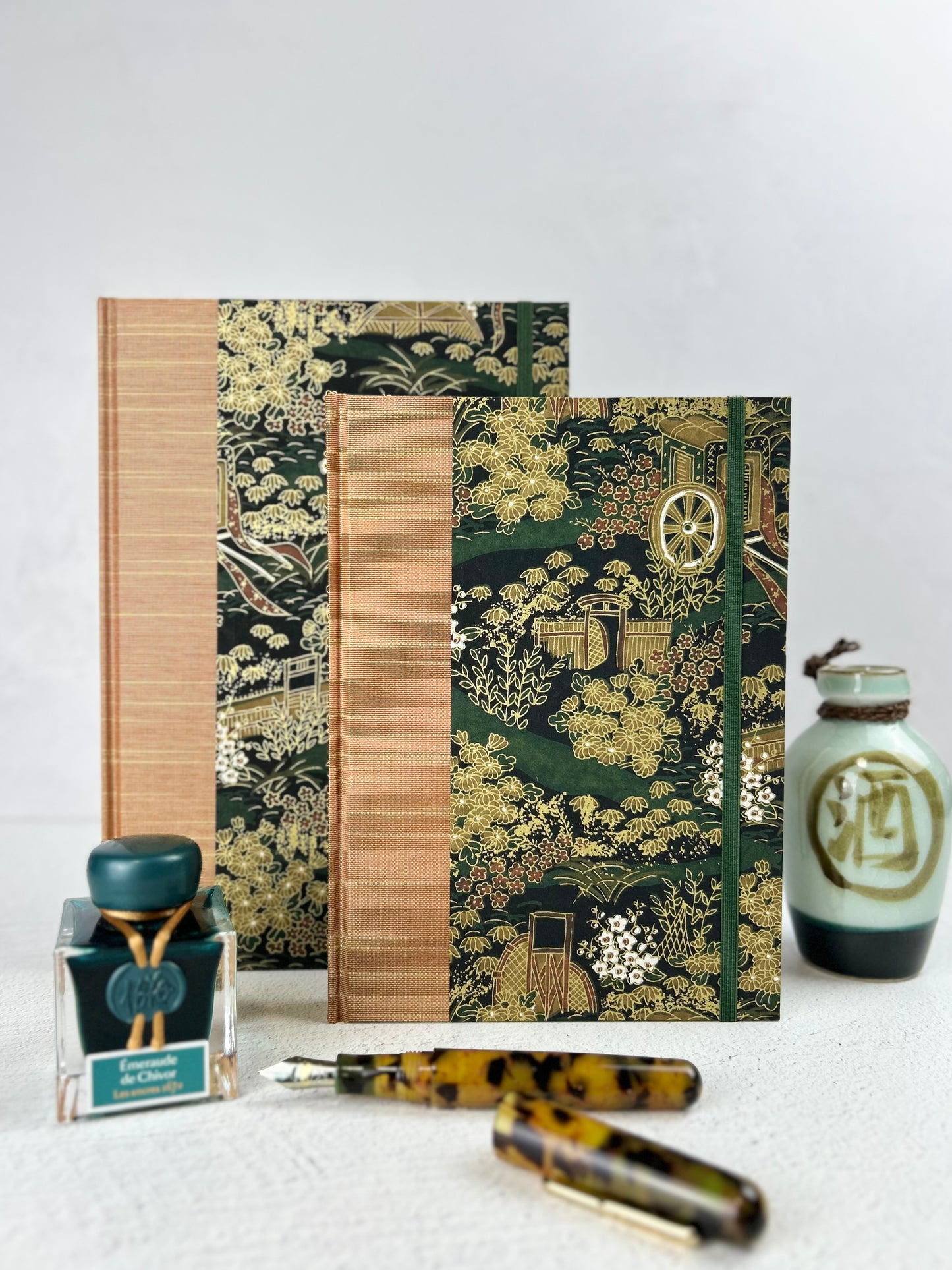 NEW A5 Hardcover Notebook finished in Bronze Japanese book cloth and Classic Green Gold Chiyogami Paper