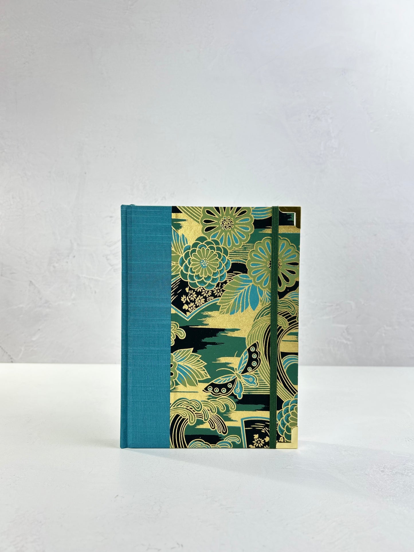 A5 Hardcover Notebook finished in Marine Blue Japanese book cloth and bold botanical Chiyogami Paper