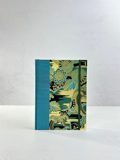 A5 Hardcover Notebook finished in Marine Blue Japanese book cloth and bold botanical Chiyogami Paper