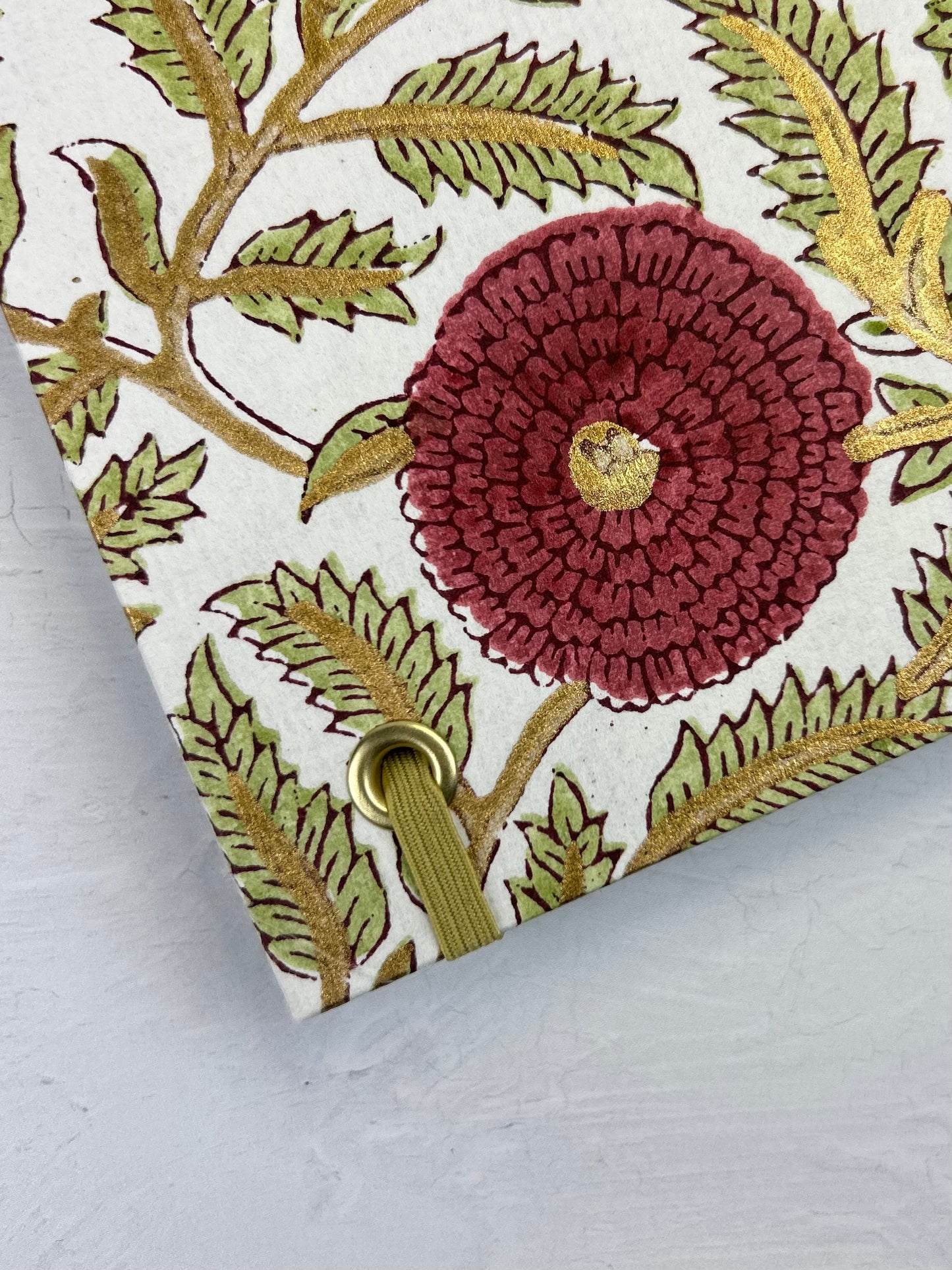 B5 192-page Hardcover Journal finished in Celery Japanese book cloth and Red Floral Chiyogami Paper