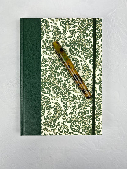 B5 192-page Hardcover Journal finished in Green Vaux Leather and green and gold fern Italian Florentine print