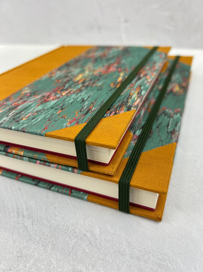 B5 192-page Hardcover Journal finished in Ochre Japanese book cloth and green French Marble Paper