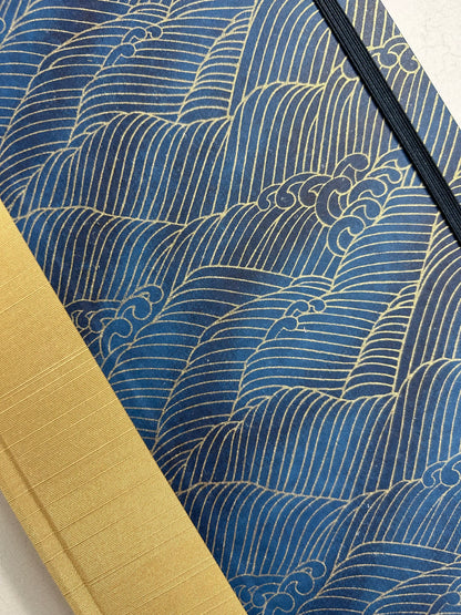 A5 160-page Hardcover Journal finished in soft gold Japanese book cloth and golden waves on blue Chiyogami Paper