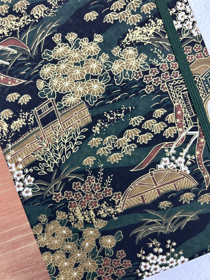 NEW A5 Hardcover Notebook finished in Bronze Japanese book cloth and Classic Green Gold Chiyogami Paper