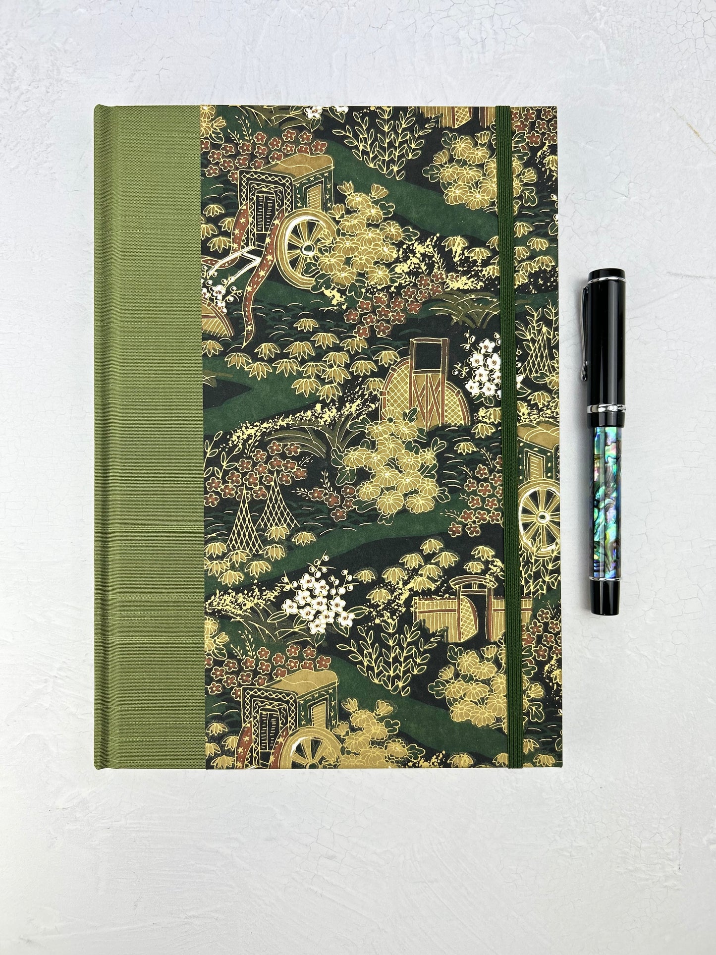 B5 Hardcover Notebook finished in Olive Green Japanese book cloth and Vintage Chiyogami Paper