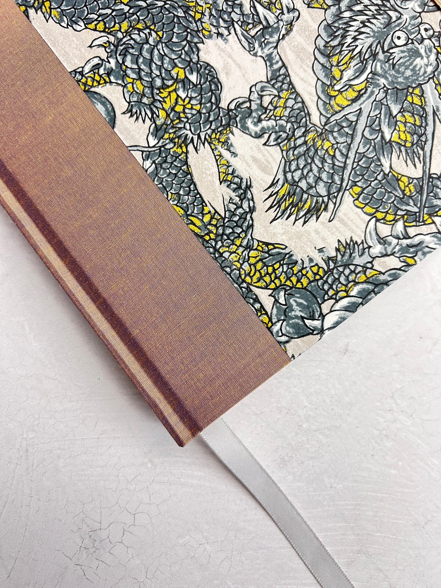 A5 160-page Hardcover Journal finished in Bronze Japanese book cloth and Dragon Chiyogami Paper