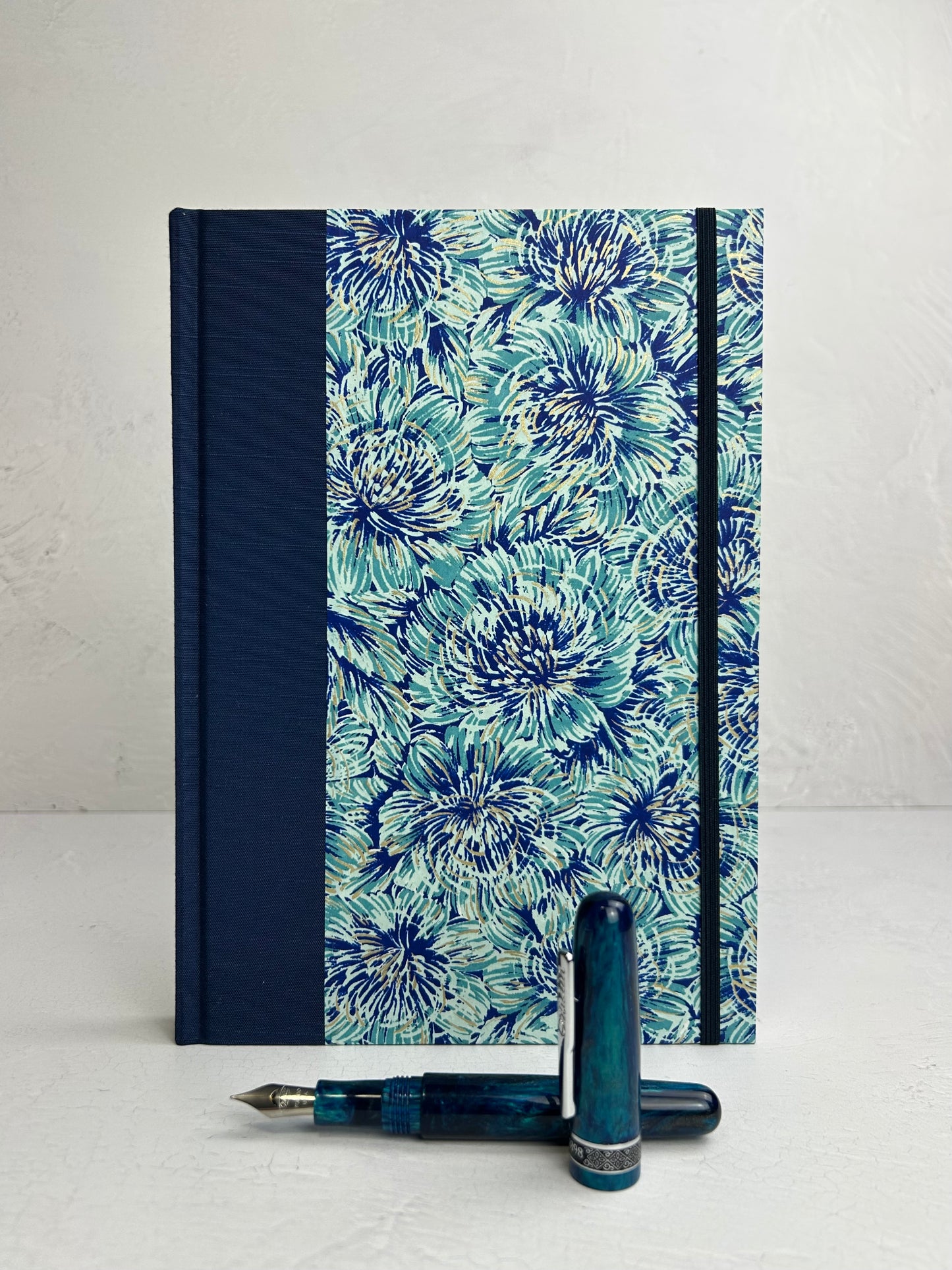 B5 192-page Hardcover Journal finished in cadette blue Japanese book cloth and blue Peonies Chiyogami Paper