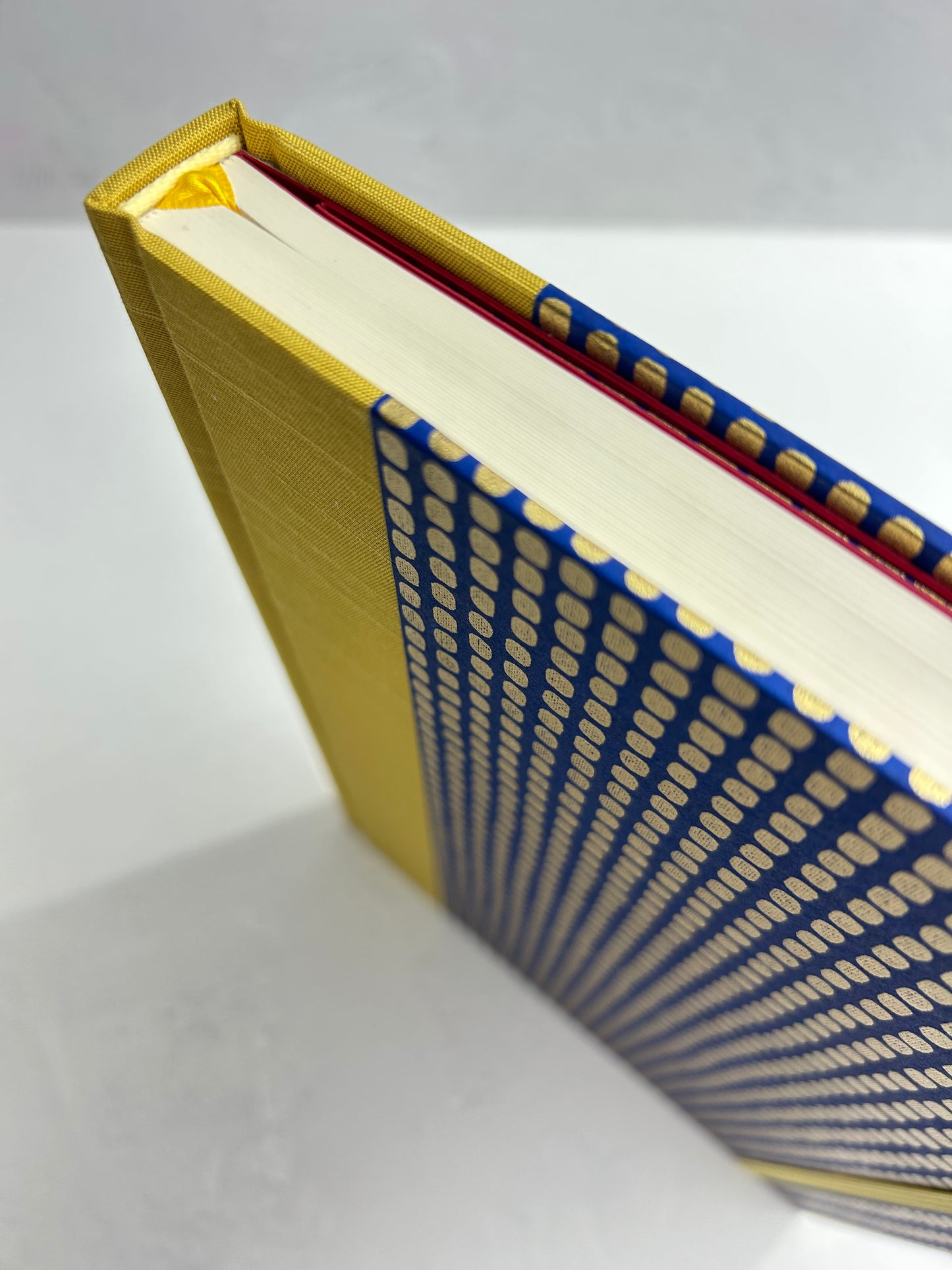A5 160-page Hardcover Journal finished in Yellow Gold Japanese book cloth and blue and gold Chiyogami Paper