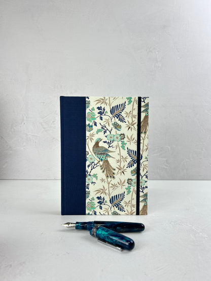A5 Hardcover Notebook finished in Cadette Blue Japanese book cloth and Gold Peacock Italian Print