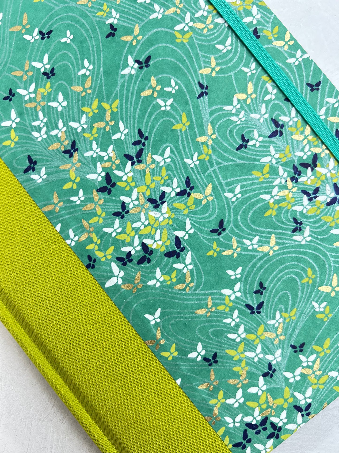 A5 160-page Hardcover Journal finished in Lemongrass Verona book cloth and Butterfly Chiyogami Paper
