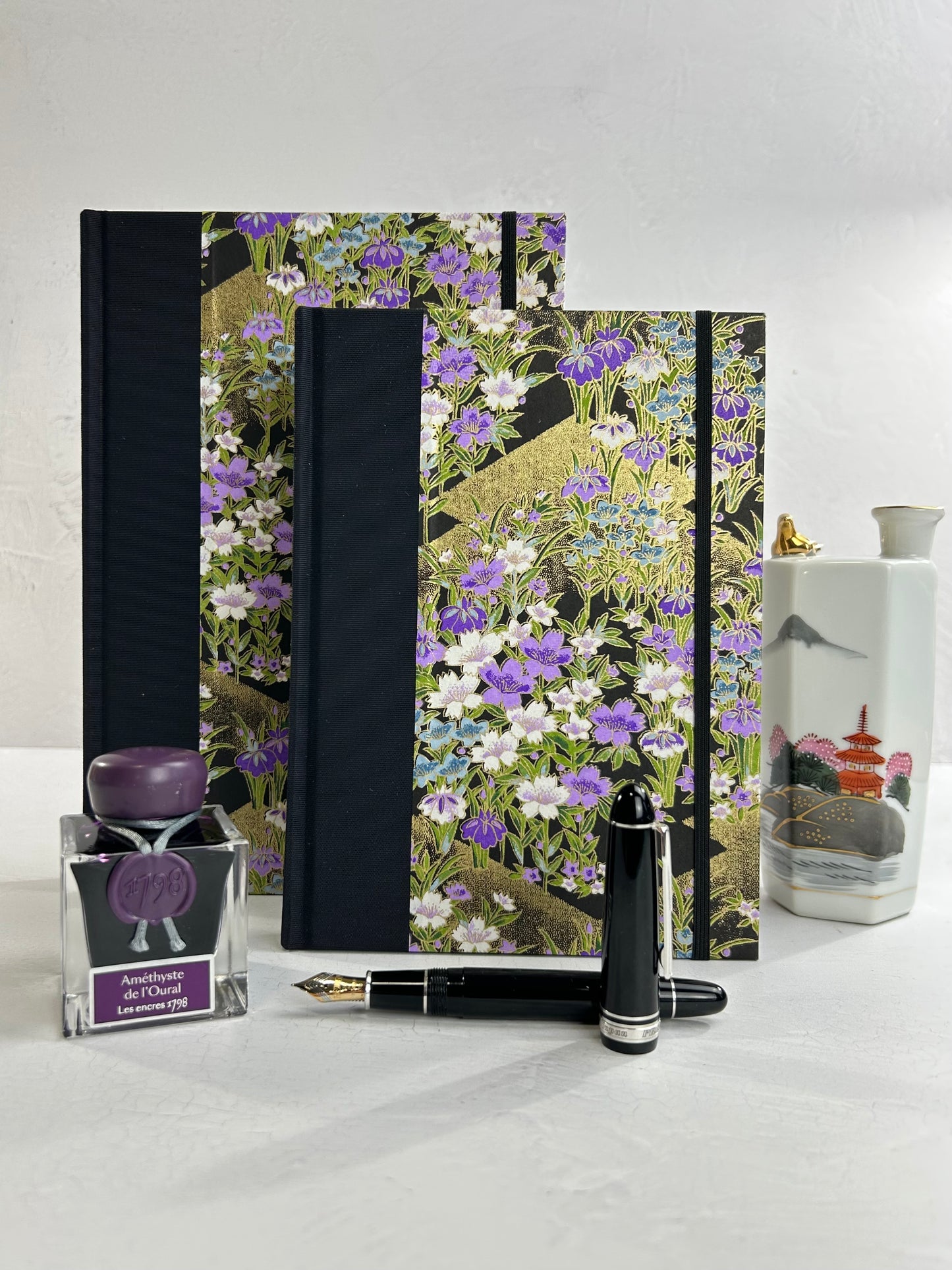 A5 160-page Hardcover Journal finished in black Japanese book cloth and purple wild flower Chiyogami paper