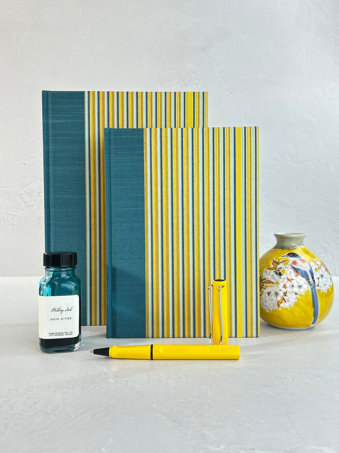 A5 160-page Hardcover Journal finished in Marine Blue Japanese book cloth and pinstripe Chiyogami Paper
