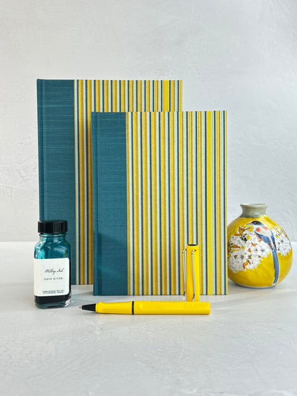 A5 160-page Hardcover Journal finished in Marine Blue Japanese book cloth and pinstripe Chiyogami Paper