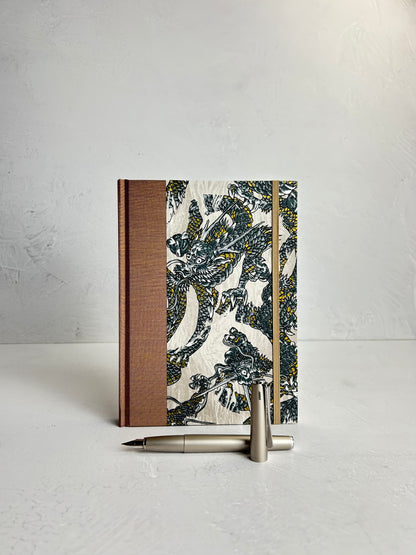 A5 160-page Hardcover Journal finished in Bronze Japanese book cloth and Dragon Chiyogami Paper