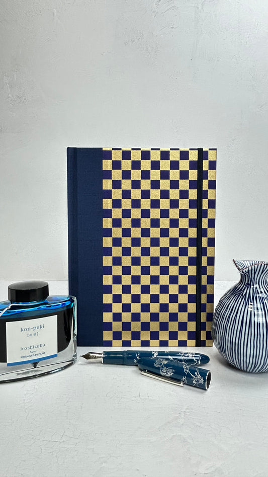 A5 160-page Hardcover Journal finished in Cadet Blue Japanese book cloth and Checkered Chiyogami Paper