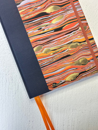 A5 Hardcover Notebook finished in Black Japanese book cloth and Renato Crepaldi hand marbled paper