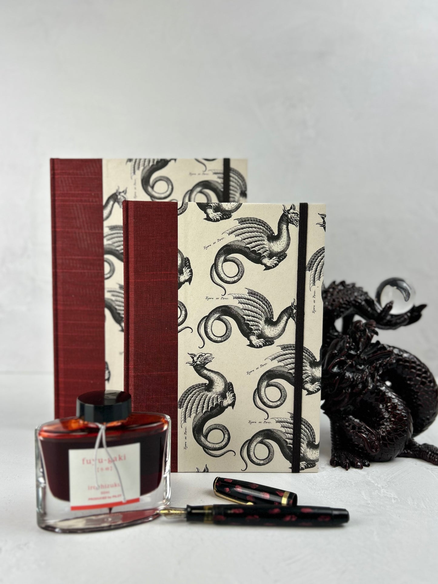 NEW A5 Hardcover Notebook finished in Blood Red Japanese book cloth and Italian Medieval Letterpress Dragons Paper