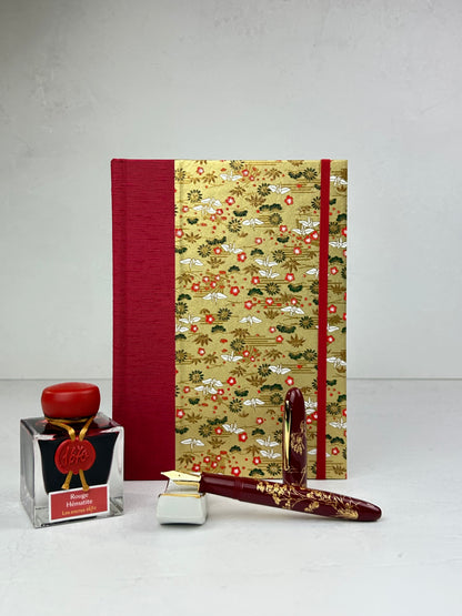 A5 160-page Hardcover Journal finished in Cardinal Red Japanese book cloth and White Cranes on Gold Chiyogami Paper