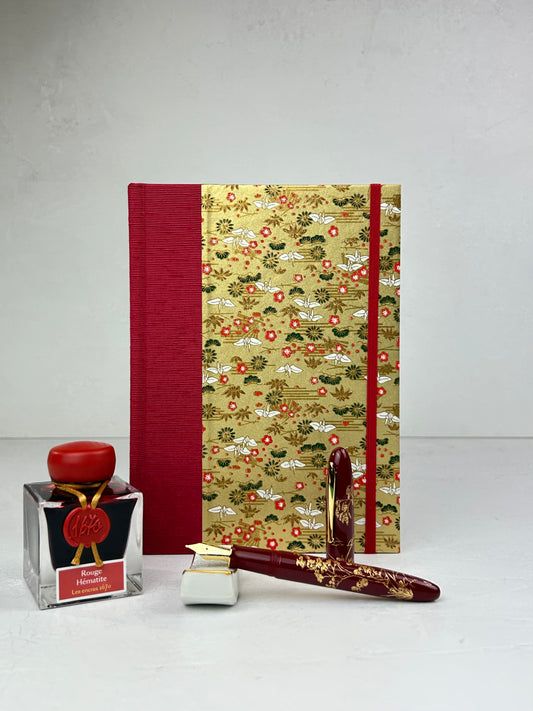 A5 160-page Hardcover Journal finished in Cardinal Red Japanese book cloth and White Cranes on Gold Chiyogami Paper
