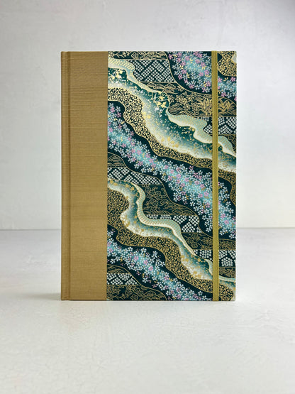 B5 192-page Hardcover Journal finished in Soft Gold Japanese book cloth and Floral Chiyogami Paper