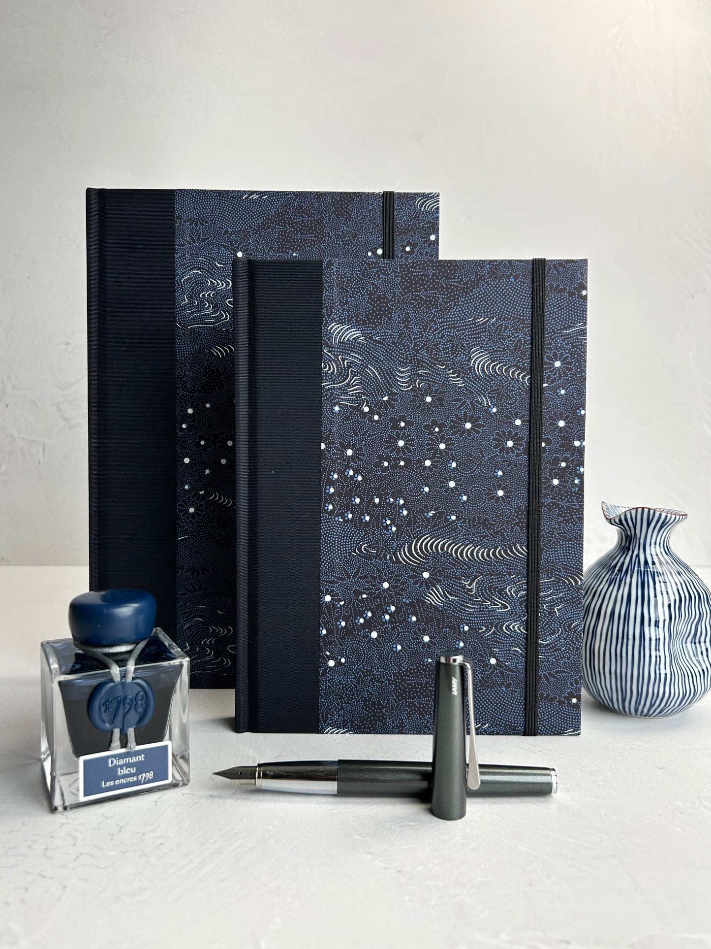 A5 160-page Hardcover Journal in finished Black Japanese book cloth and dark blue Chiyogami Paper