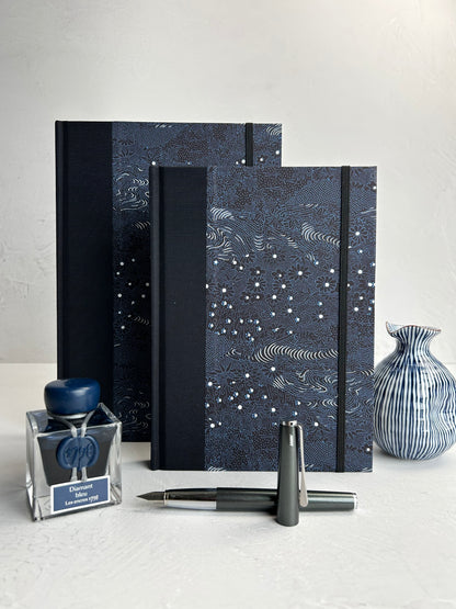 A5 160-page Hardcover Journal in finished Black Japanese book cloth and dark blue Chiyogami Paper