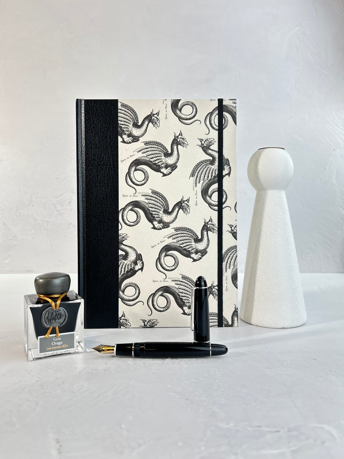 B5 192-page Hardcover Journal finished in Black Vaux Leather and Italian Letterpress dragon design