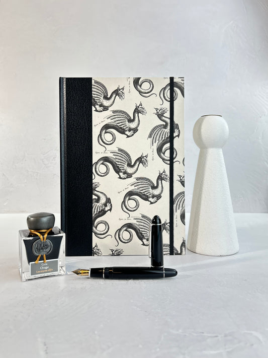 B5 192-page Hardcover Journal finished in Black Vaux Leather and Italian Letterpress dragon design