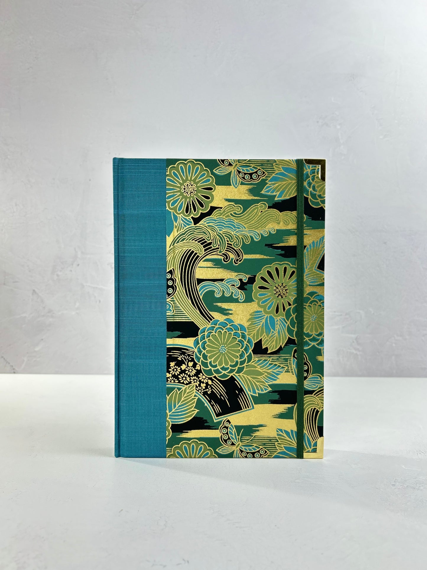 B5 Hardcover Notebook finished in Marine Blue Japanese book cloth and bold botanical Chiyogami Paper
