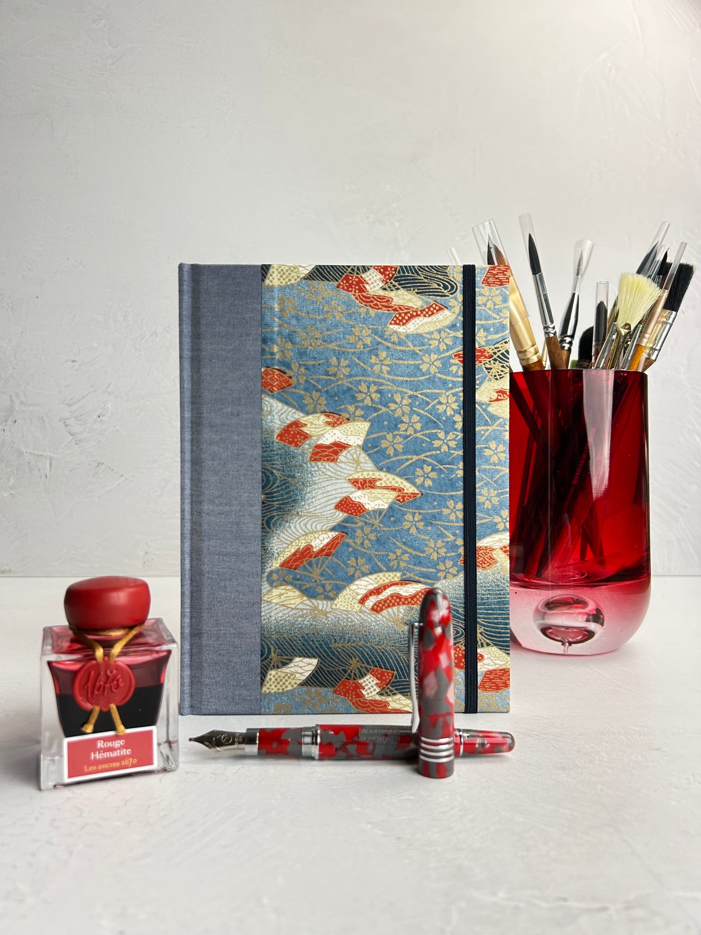 A5 160-page Hardcover Journal finished in Steel Blue Japanese book cloth and vintage Chiyogami Paper