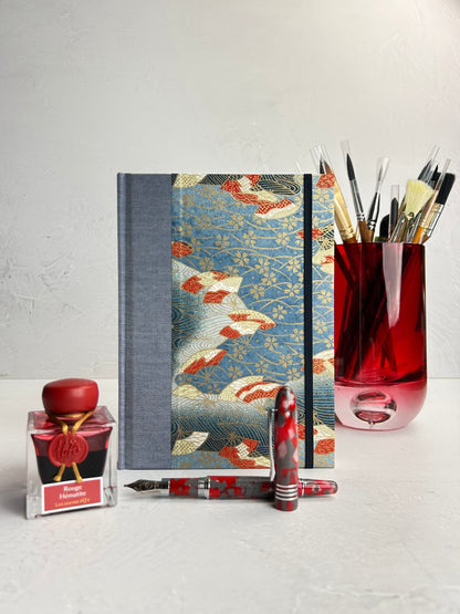 A5 160-page Hardcover Journal finished in Steel Blue Japanese book cloth and vintage Chiyogami Paper