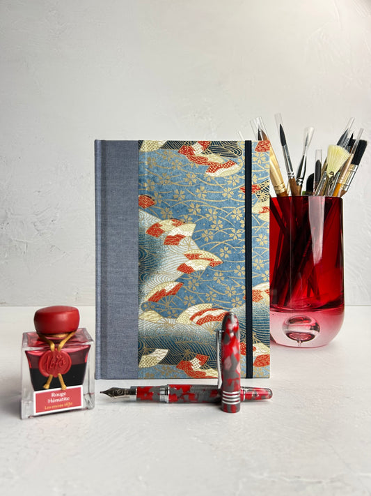 A5 160-page Hardcover Journal finished in Steel Blue Japanese book cloth and vintage Chiyogami Paper