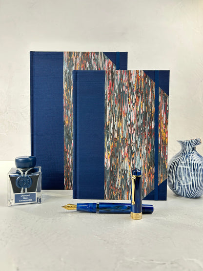 A5 160-page Hardcover Journal finished in Cadette Blue Japanese book cloth and French Marbled Paper
