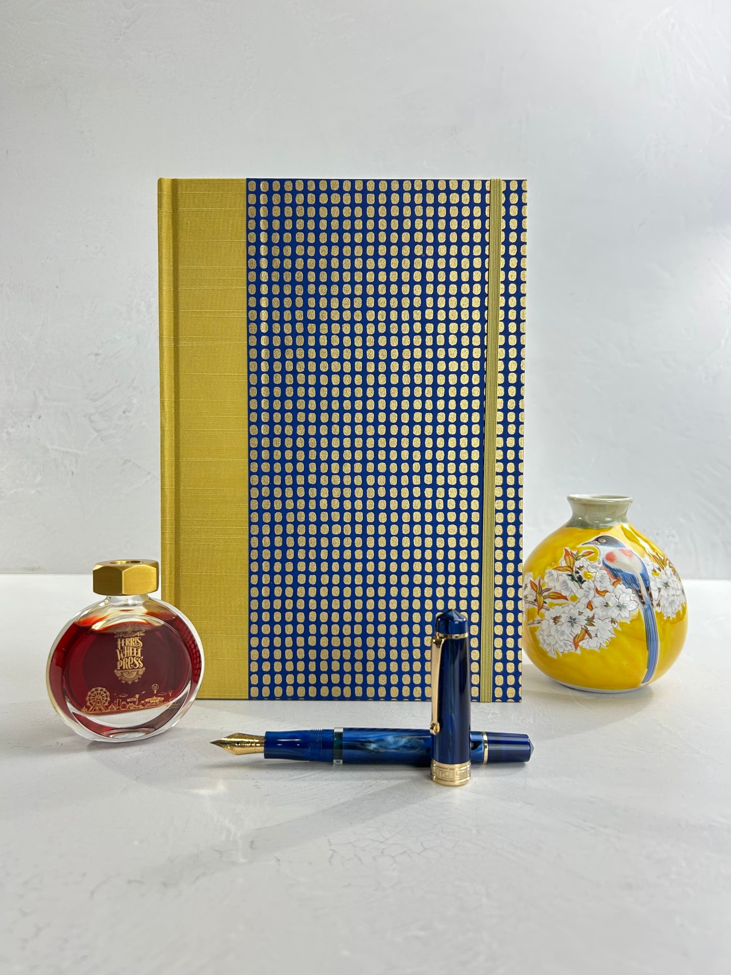 B5 192-page Hardcover Journal finished in Yellow Gold Japanese book cloth and blue and gold Chiyogami Paper