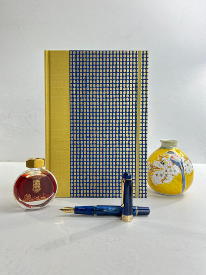 B5 192-page Hardcover Journal finished in Yellow Gold Japanese book cloth and blue and gold Chiyogami Paper