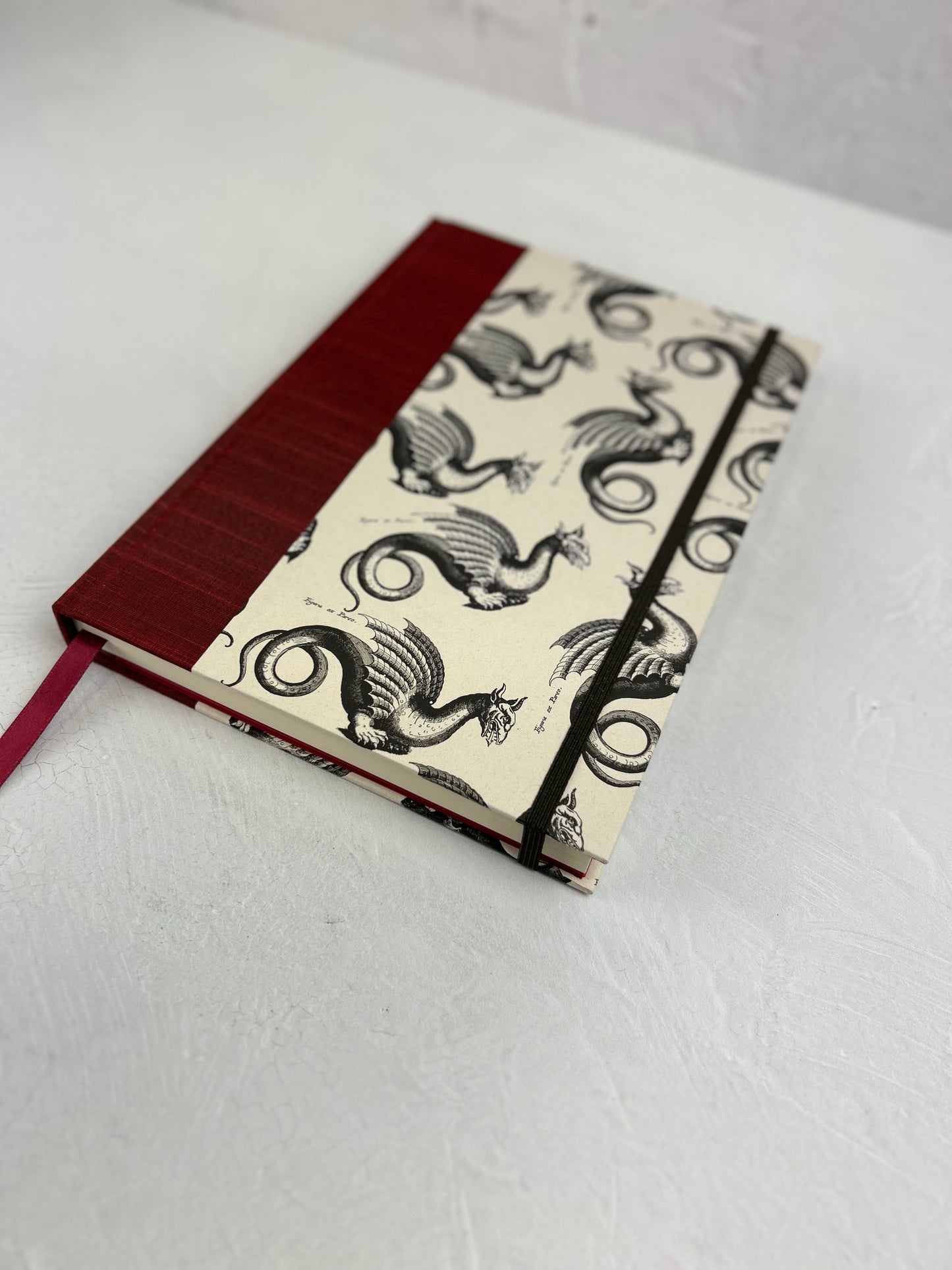 NEW A5 Hardcover Notebook finished in Blood Red Japanese book cloth and Italian Medieval Letterpress Dragons Paper
