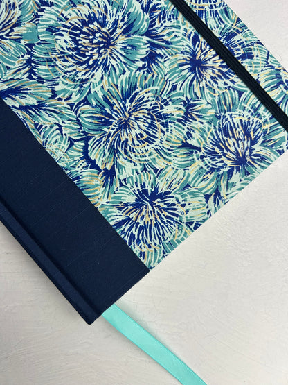 B5 192-page Hardcover Journal finished in cadette blue Japanese book cloth and blue Peonies Chiyogami Paper