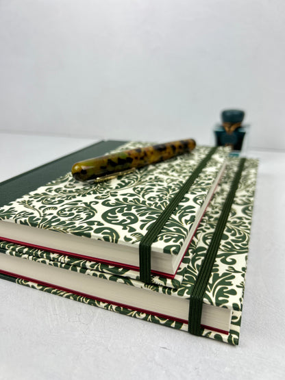 A5 160-page Hardcover Journal finished in Green Vaux Leather and green and gold fern Italian Florentine print