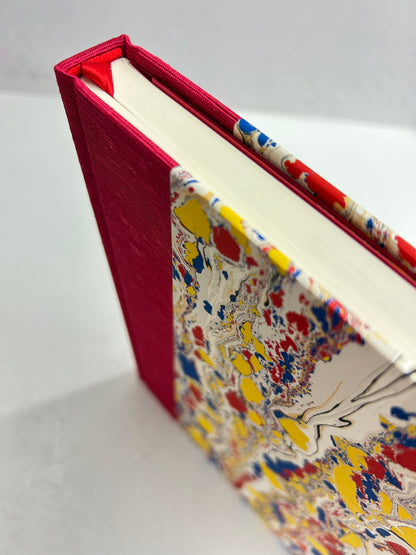 B5 192-page Hardcover Journal finished in Cardinal Red Japanese book cloth and Italian hand-marbled paper by Renato Crepaldi