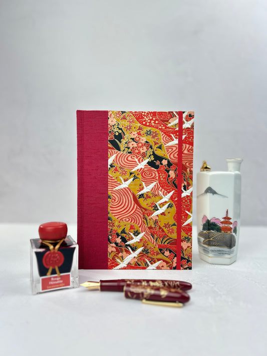 NEW A5 Hardcover Notebook finished in Cardinal Red Japanese book cloth and White Cranes on Red Chiyogami Paper