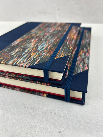 A5 160-page Hardcover Journal finished in Cadette Blue Japanese book cloth and French Marbled Paper