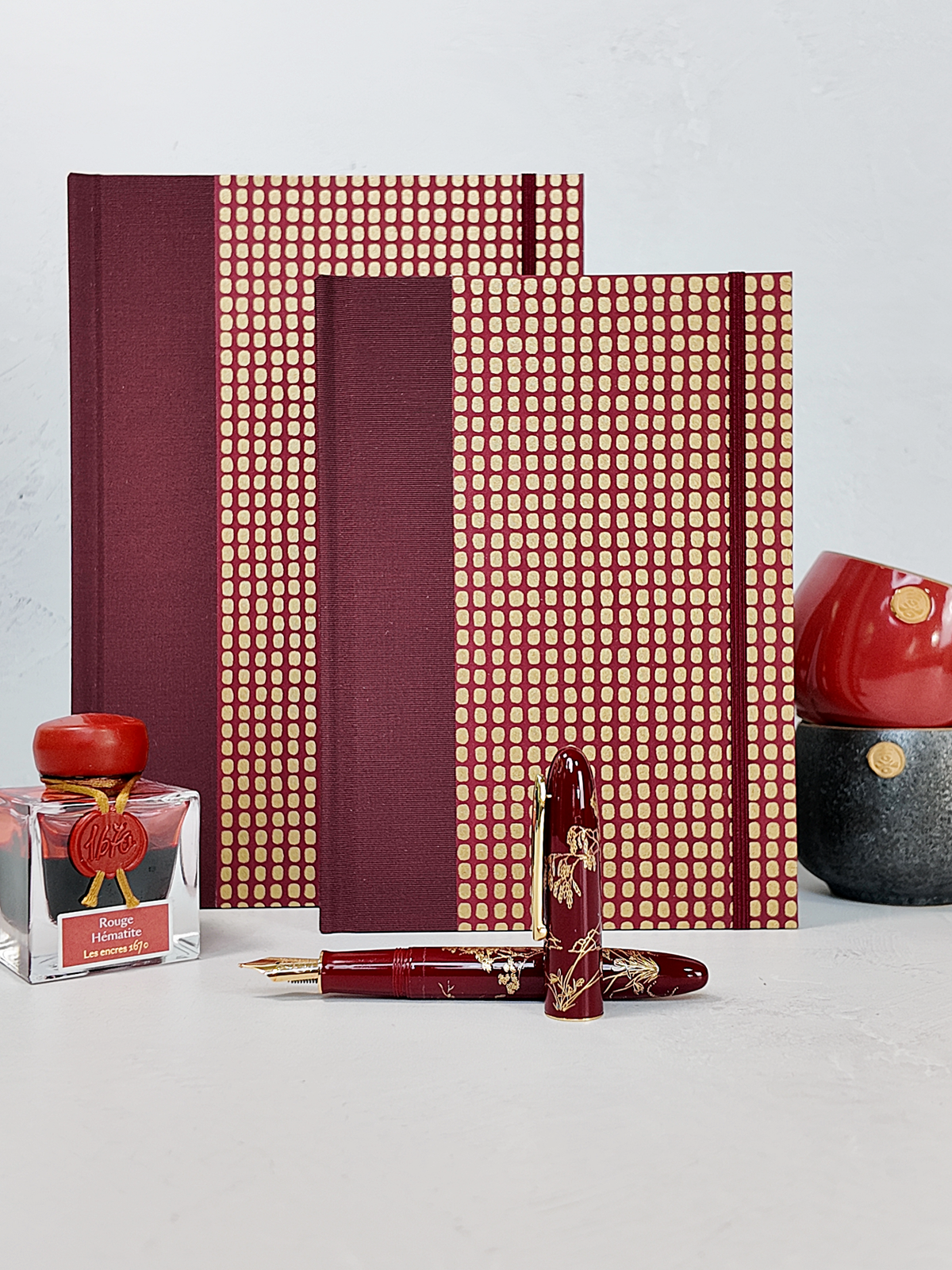 PRE-ORDER NEW B5 192-page Hardcover Journal finished in Maroon Japanese Book Cloth and Gold Dots in Maroon Chiyogami Paper