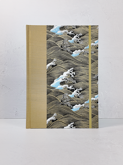 PRE-ORDER NEW B5 192-page Hardcover Journal finished in Soft Gold and Gold and Blue Waves Chiyogami Paper