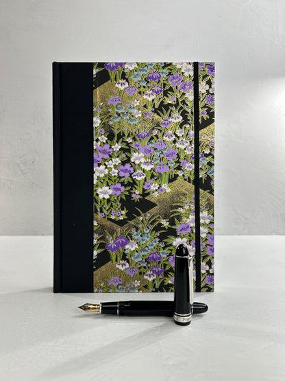 B5 192-page Hardcover Journal finished in black Japanese book cloth and purple wild flower Chiyogami paper