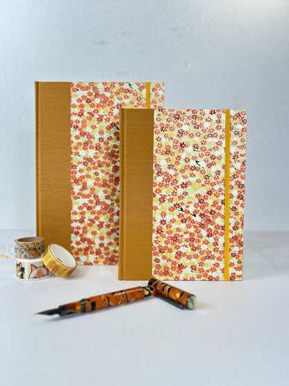 NEW A5 Hardcover Notebook finished in Ochre Japanese book cloth and Fall leaves Chiyogami Paper