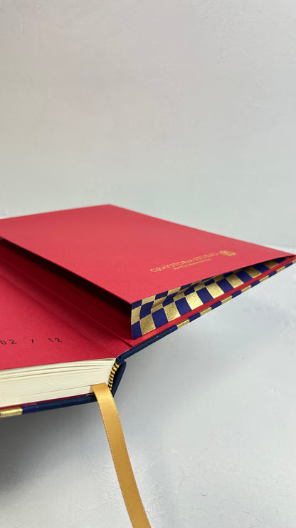 A5 160-page Hardcover Journal finished in Cadet Blue Japanese book cloth and Checkered Chiyogami Paper