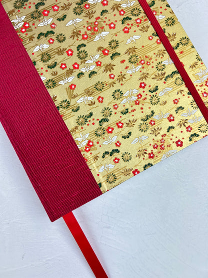 A5 160-page Hardcover Journal finished in Cardinal Red Japanese book cloth and White Cranes on Gold Chiyogami Paper