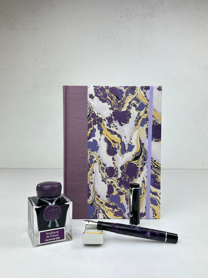 A5 160-page Hardcover Journal finished in plum Japanese book cloth and hand marbled paper by Renato Crepaldi