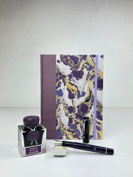 NEW A5 160-page Hardcover Journal finished in plum Japanese book cloth and hand marbled paper by Renato Crepaldi