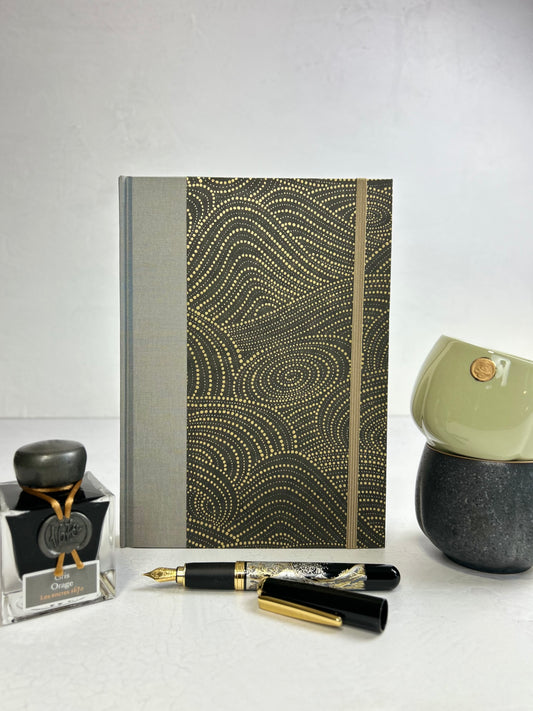 A5 160-page Hardcover Journal finished in Blue Gold Japanese book cloth and Gold on Bronze Chiyogami Decorative Paper